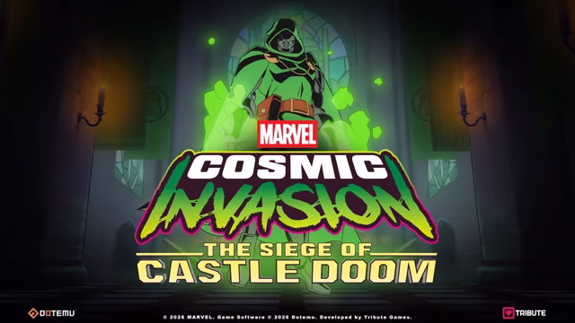 Doctor Doom above the Marvel Cosmic Invasion: The Siege of Castle Doom logo