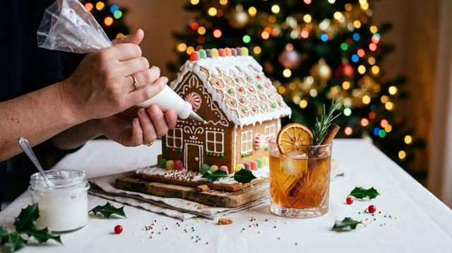 A gingerbread house and holiday cocktail sit on a table as icing is added to the roof