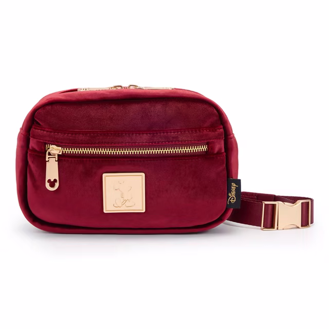 Deep crimson Mickey Mouse velvet hip pack with rose goldtone hardware and an embossed Mickey plaque