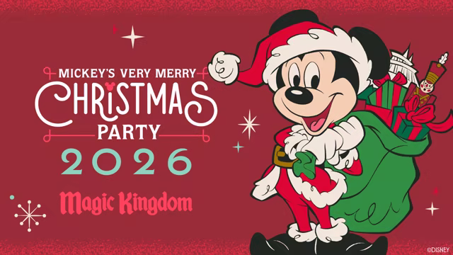 Mickey Mouse in holiday attire beside Mickey's Very Merry Christmas Party artwork for Magic Kingdom