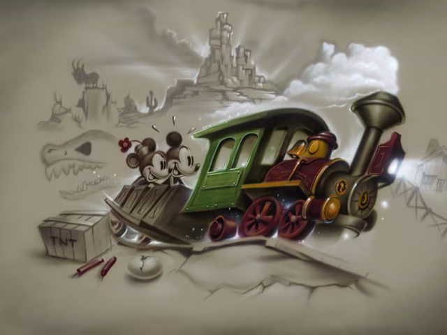 Noah Elias artwork showing Mickey Mouse and Minnie Mouse riding a train
