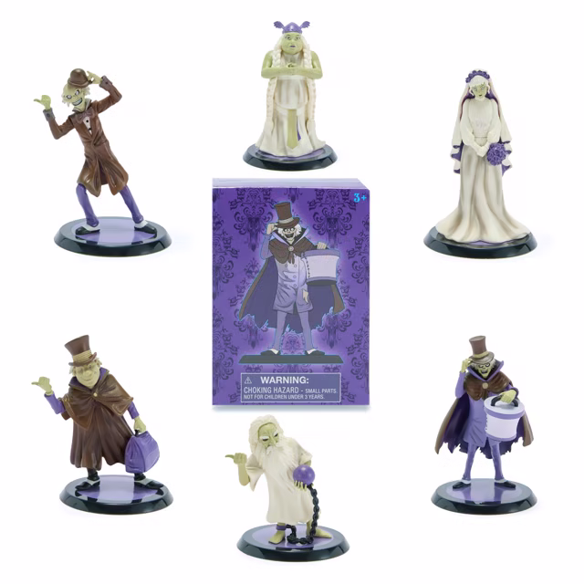 Six Haunted Mansion mystery figures arranged around a purple blind box