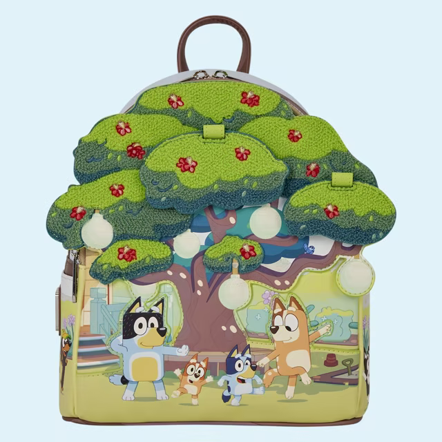 Bluey Backyard mini backpack with a layered green tree and light-up lantern details