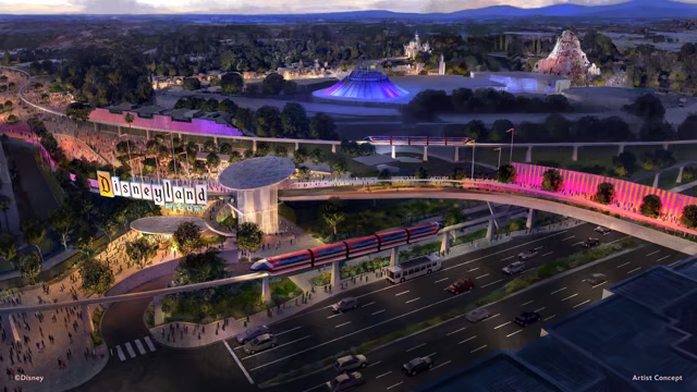 Disney artist concept of the planned Disneyland Resort transportation hub and Harbor Boulevard pedestrian bridge