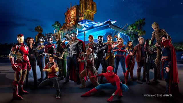 Marvel Super Heroes gathered in front of Avengers Headquarters at Disney California Adventure