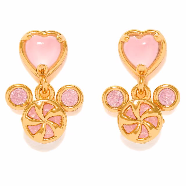 Gold-plated Mickey Mouse peppermint earrings with pink heart studs and pink cubic zirconia candy dangles