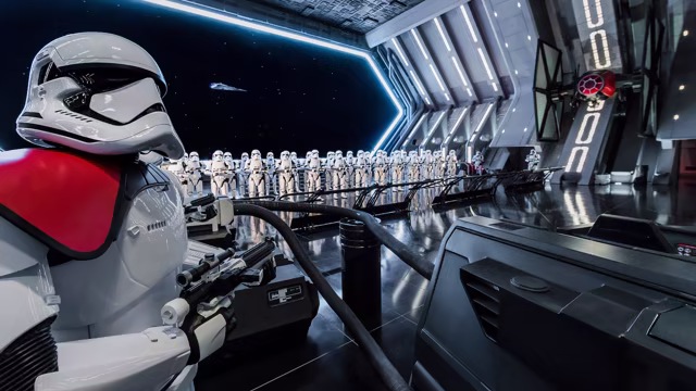 Resistance fighters face First Order stormtroopers inside Star Wars: Rise of the Resistance