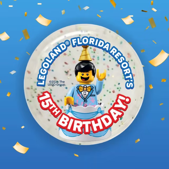 LEGOLAND Florida 15th Birthday Pop Badge with a minifigure in a cake
