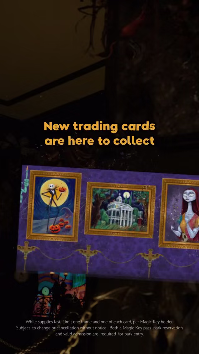 Three Haunted Mansion Holiday collectible cards displayed in ornate gold frames