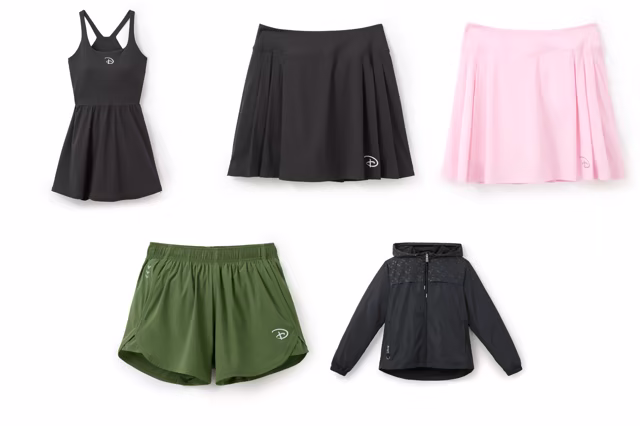 Black, pink and olive Mickey Mouse athletic dress, skorts, shorts and rain jacket
