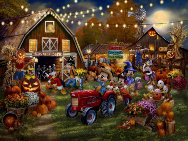 Johanna Elizabeth artwork showing Mickey Mouse and friends celebrating Halloween on a farm