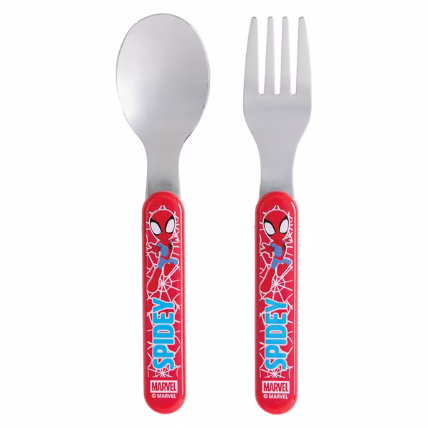 Spidey-themed fork and spoon from the ALDI product listing