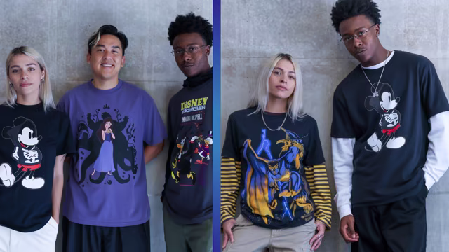 Models wearing Disney Bobby Kim Baddies shirts featuring Skeleton Mickey, Vanessa, DuckTales villains and Gargoyles