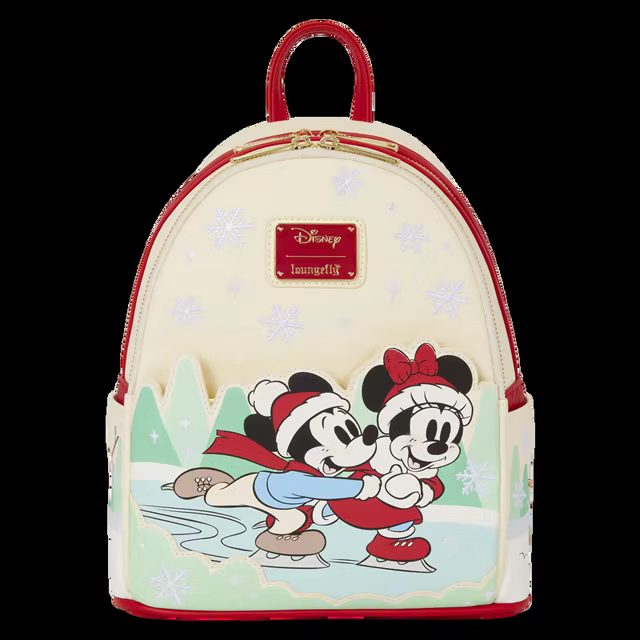 Mickey and Minnie ice skating on a cream Loungefly mini backpack