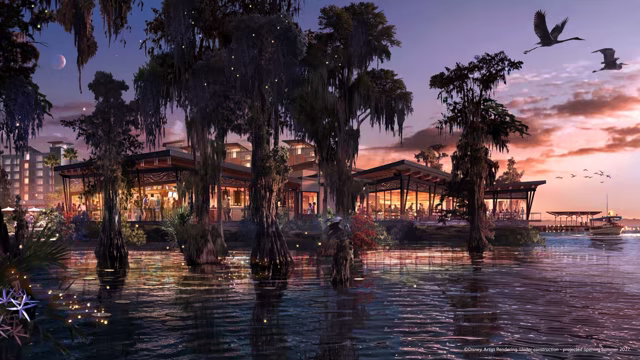 Artist rendering of Disney’s Lakeshore Lodge at dusk beside Bay Lake