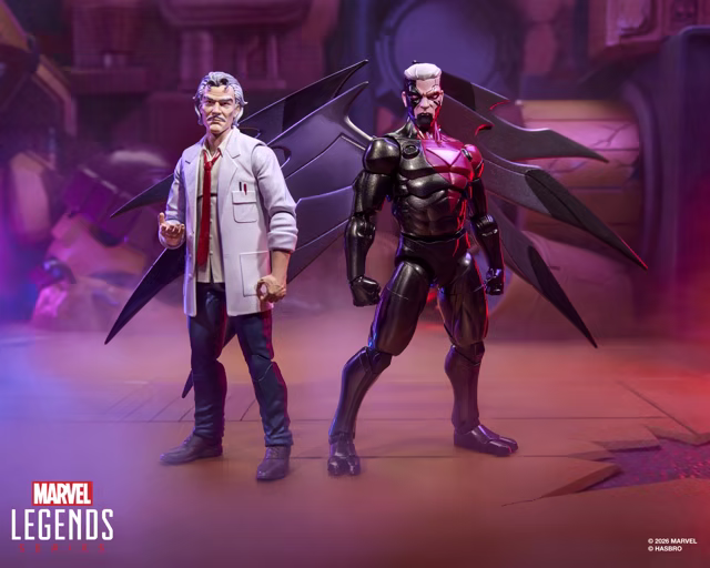 Marvel Legends Bolivar Trask and Bastion Nimrod posed together against a purple industrial backdrop