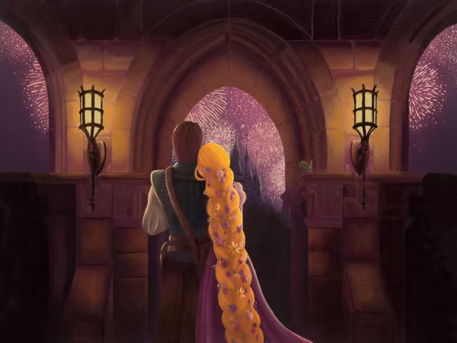 Kyree Tilsher artwork showing Rapunzel and Flynn watching fireworks over a castle