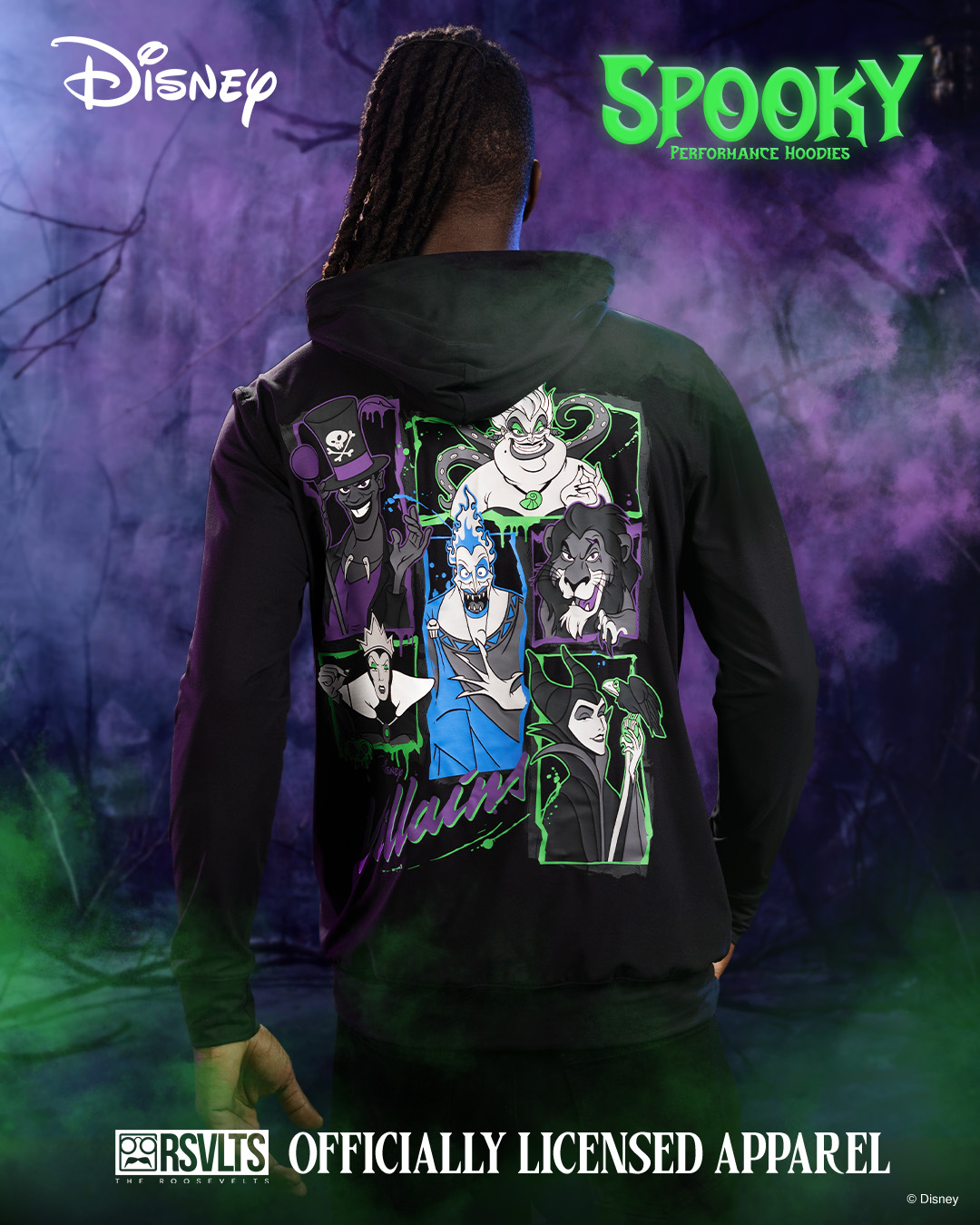 RSVLTS Disney Spooky performance hoodie with a lineup of Disney villains