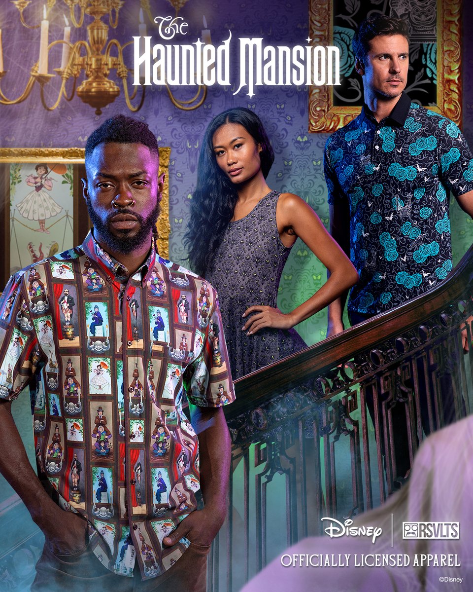 Models wearing Disney Haunted Mansion apparel from the RSVLTS collection