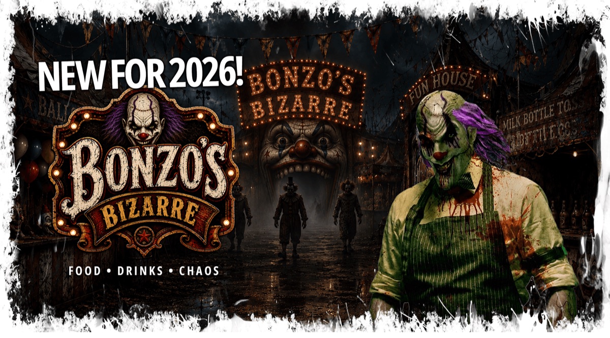 Bonzo the clown presides over Scream-A-Geddon's redesigned midway