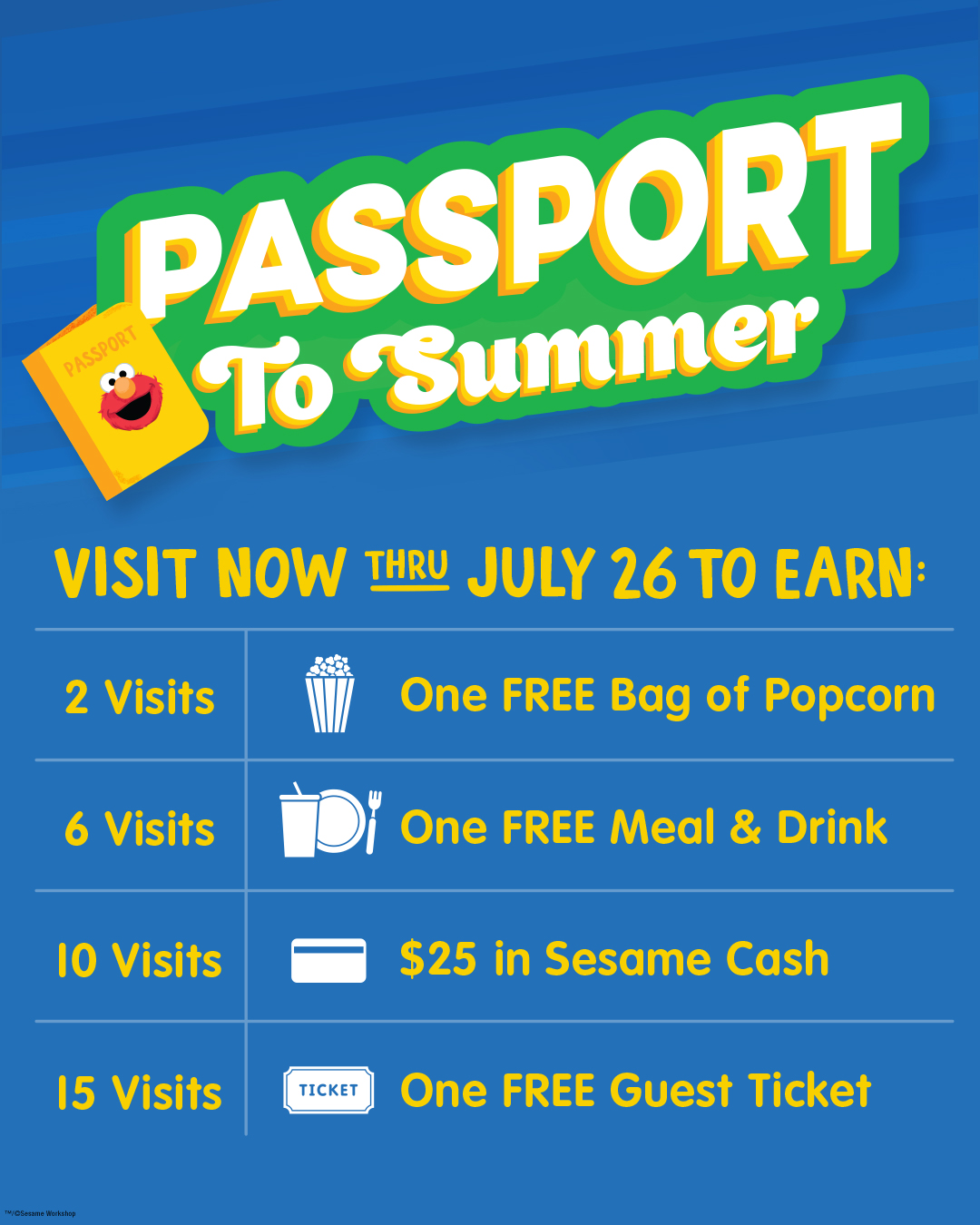 Sesame Place Passport to Summer reward chart with a July 26 deadline