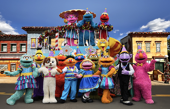 Sesame Street characters wearing birthday outfits at Sesame Place Philadelphia