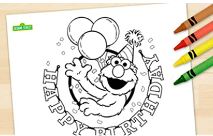 Sesame Place 46th birthday coloring sheet with Elmo and Cookie Monster