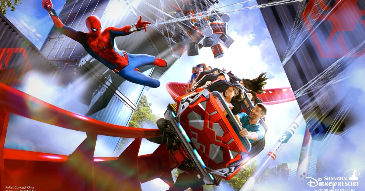 Concept art for the Spider-Man roller coaster planned for Shanghai Disneyland
