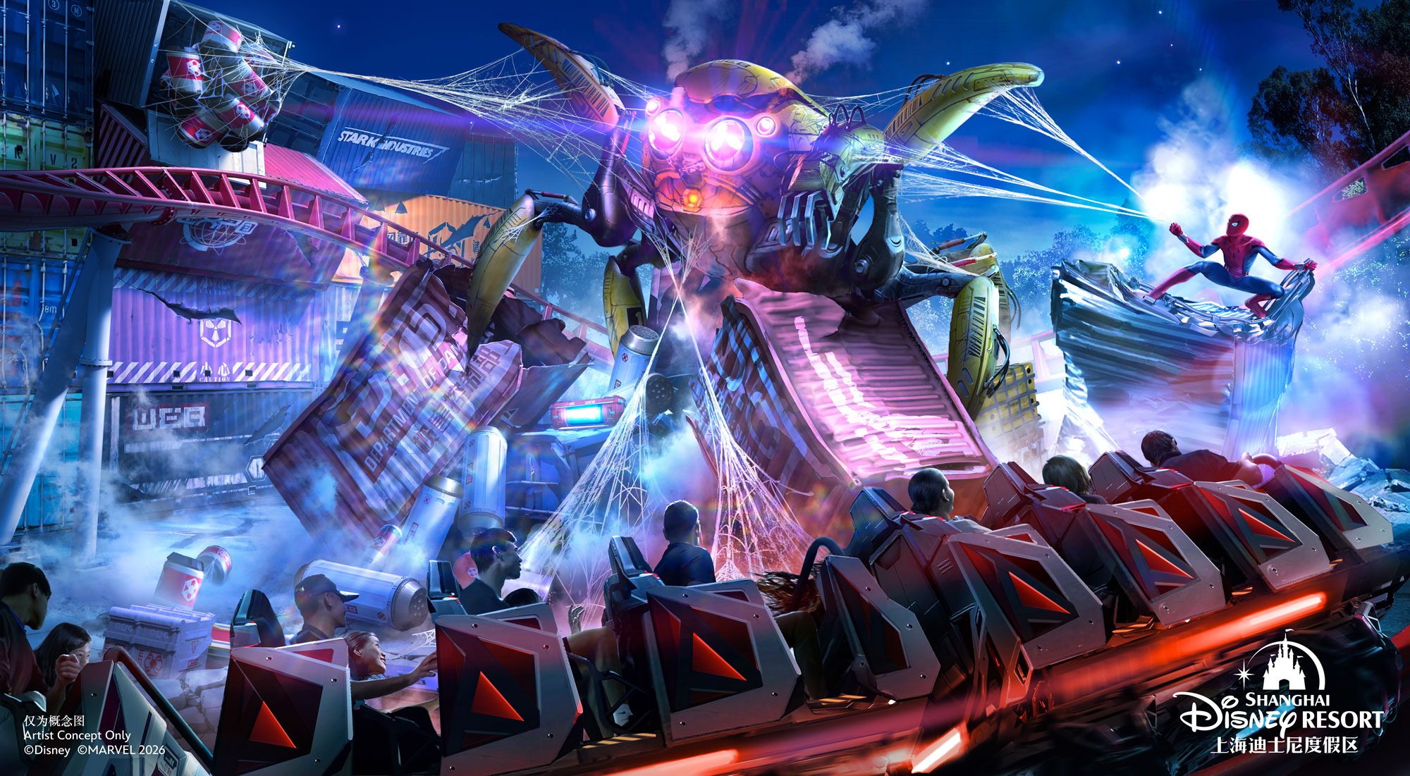 Spider-Man swings above the coaster planned for Shanghai Disneyland