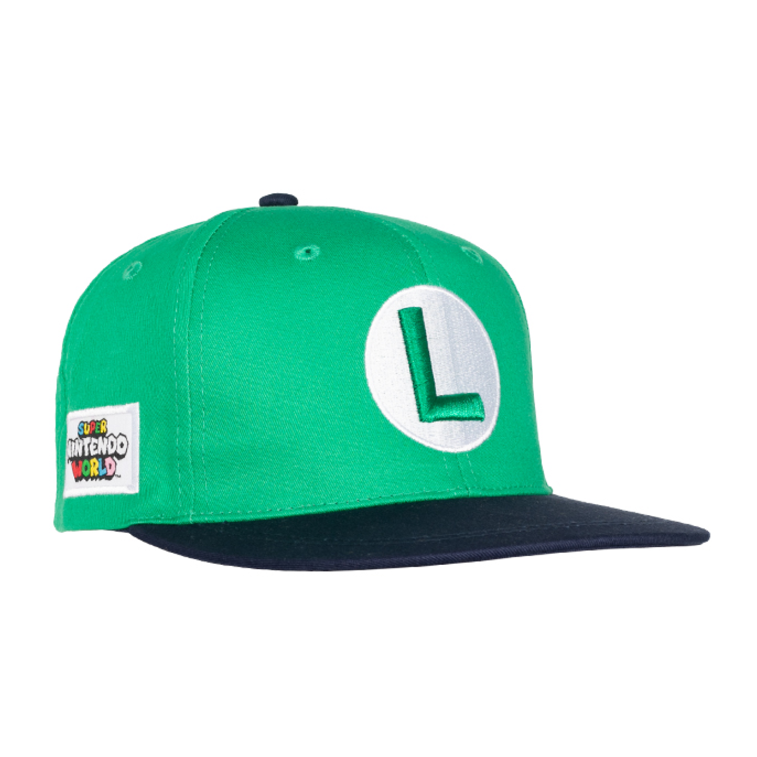 Green Super Nintendo World Luigi snapback cap with white L emblem