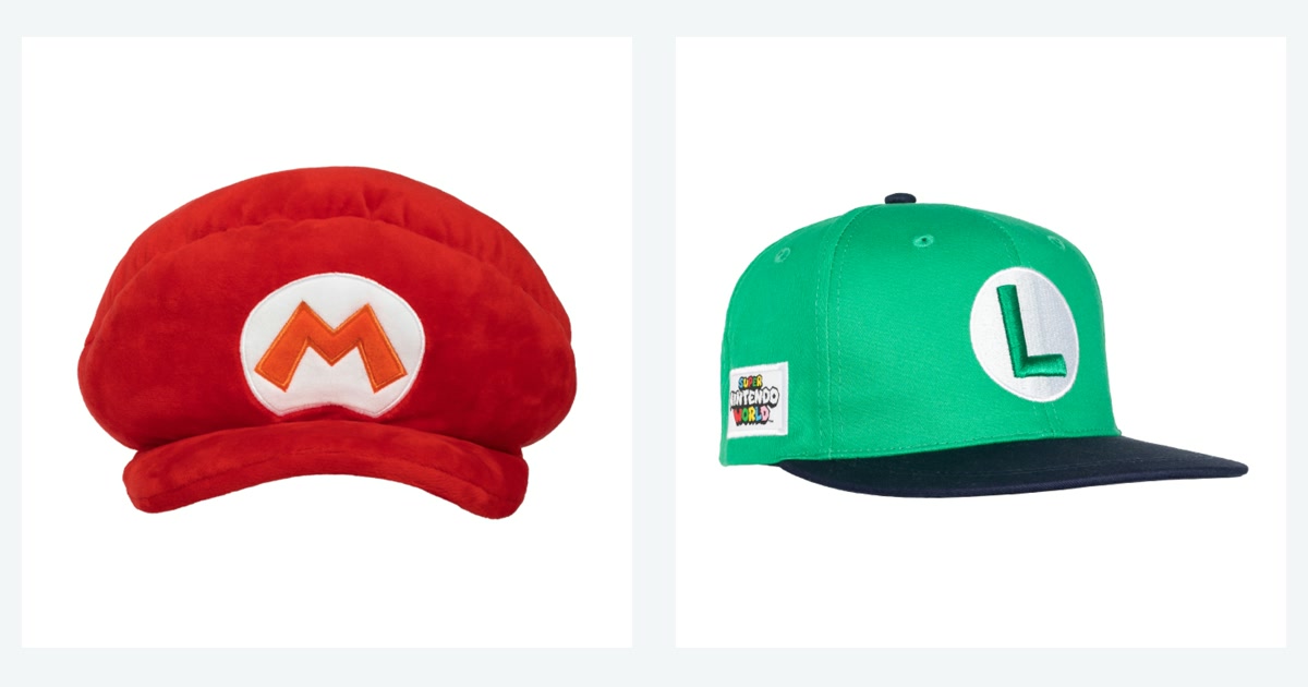 Red Mario plush hat and green Luigi cap from Super Nintendo World