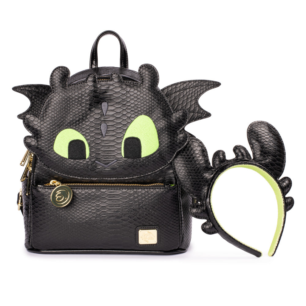 Front of the Toothless Loungefly mini backpack with matching headband