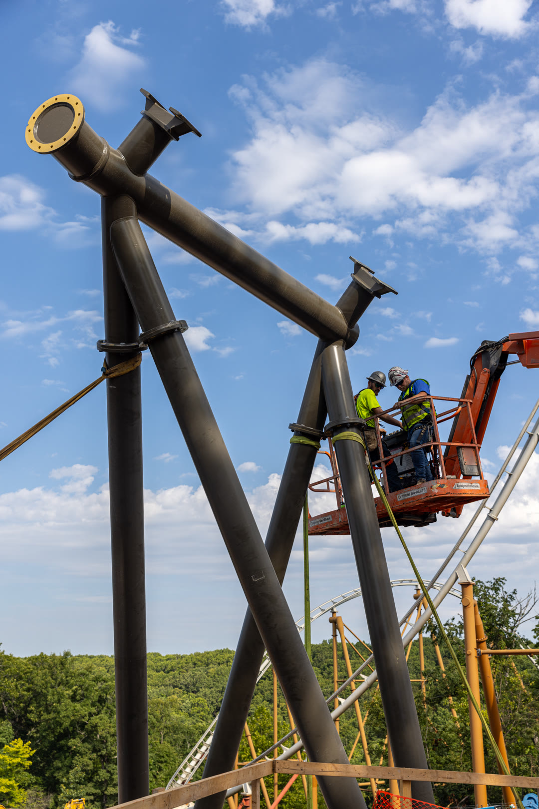 Silver Dollar City crews install vertical steel columns for Miner’s Mountain Express