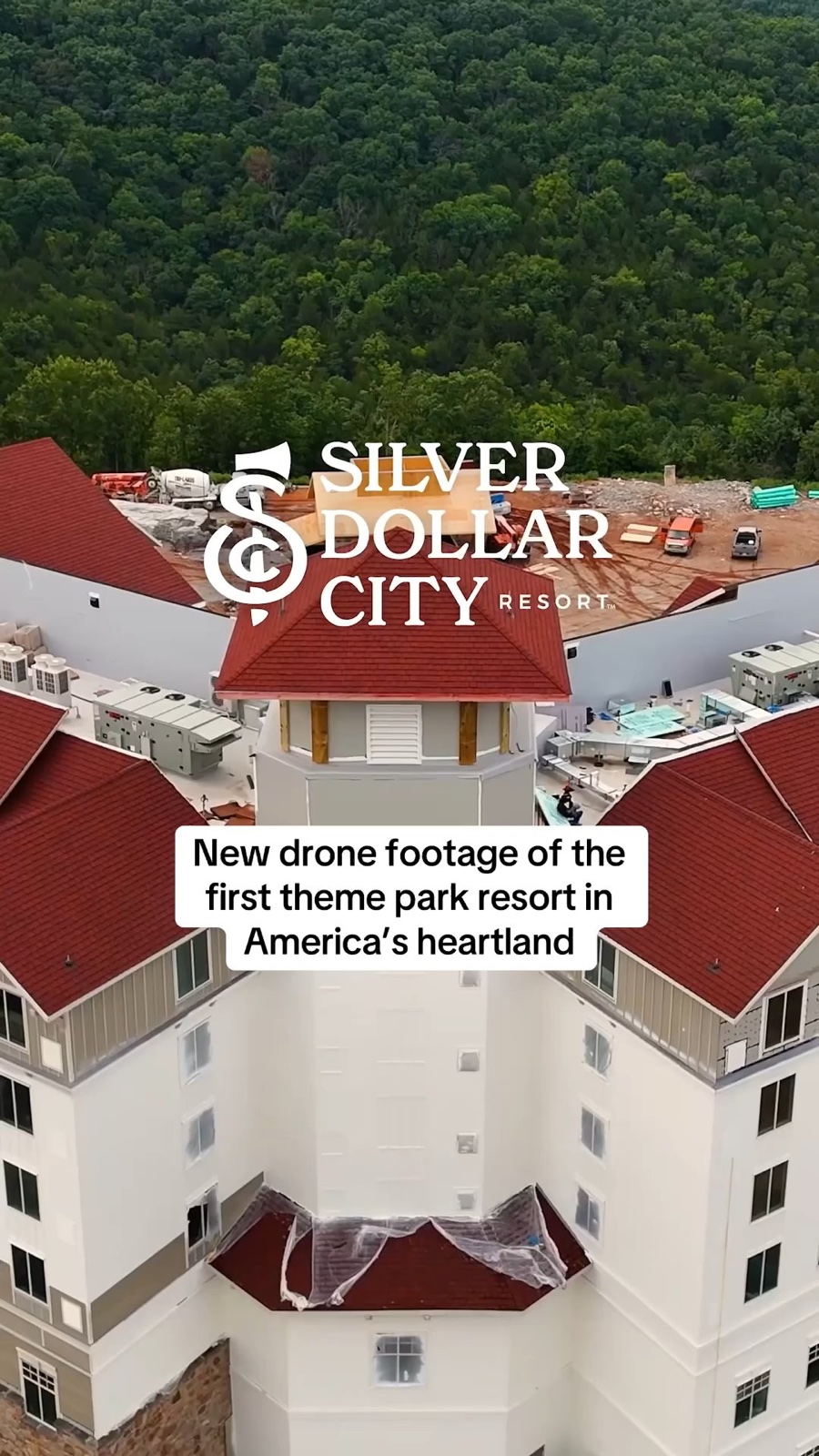 Drone view of Silver Dollar City Resort under construction in the wooded Missouri Ozarks