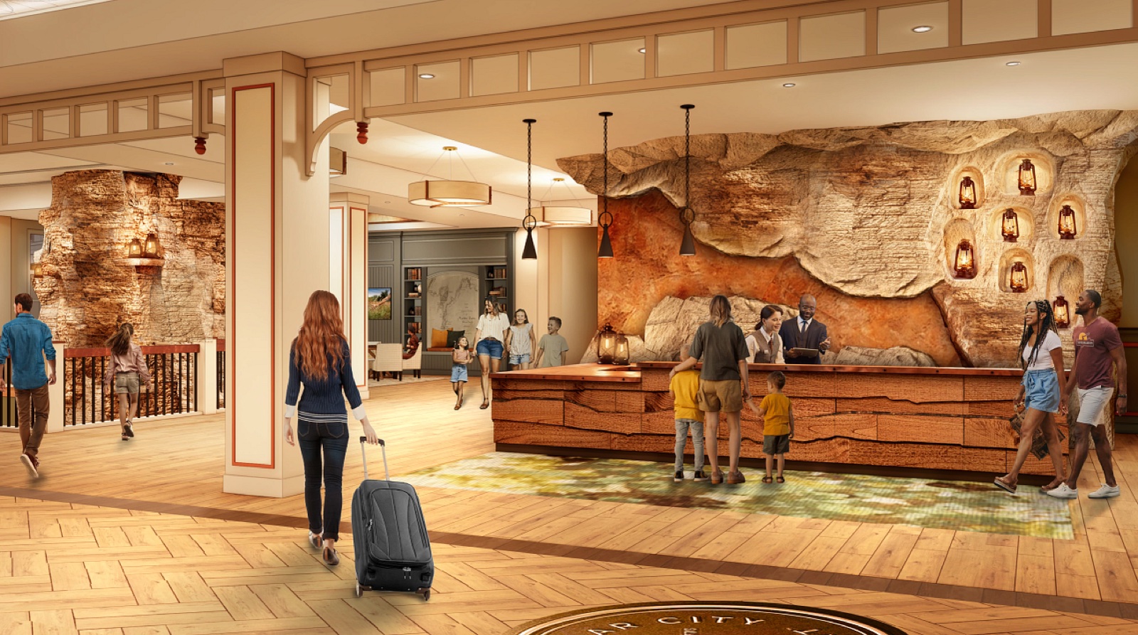 Rendering of the Silver Dollar City Resort reception desk with exposed-rock walls