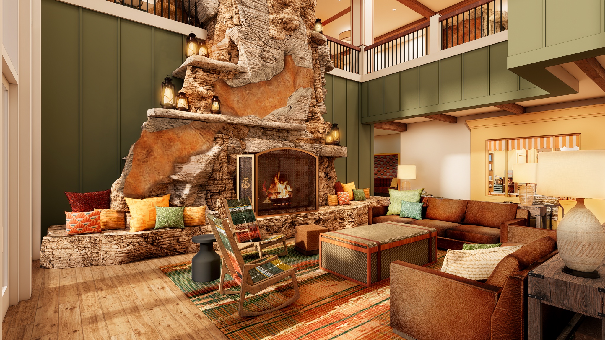 Official Silver Dollar City Resort lower lobby rendering with a stone fireplace and seating