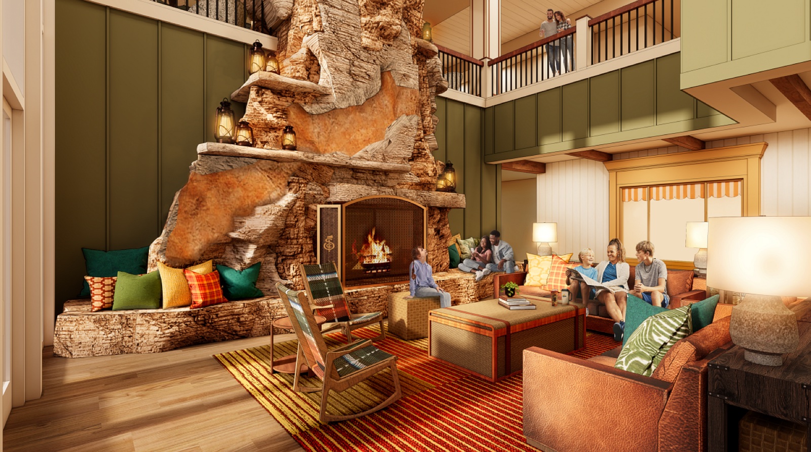 Rendering of the Silver Dollar City Resort lower lobby with fireplace and lounge seating
