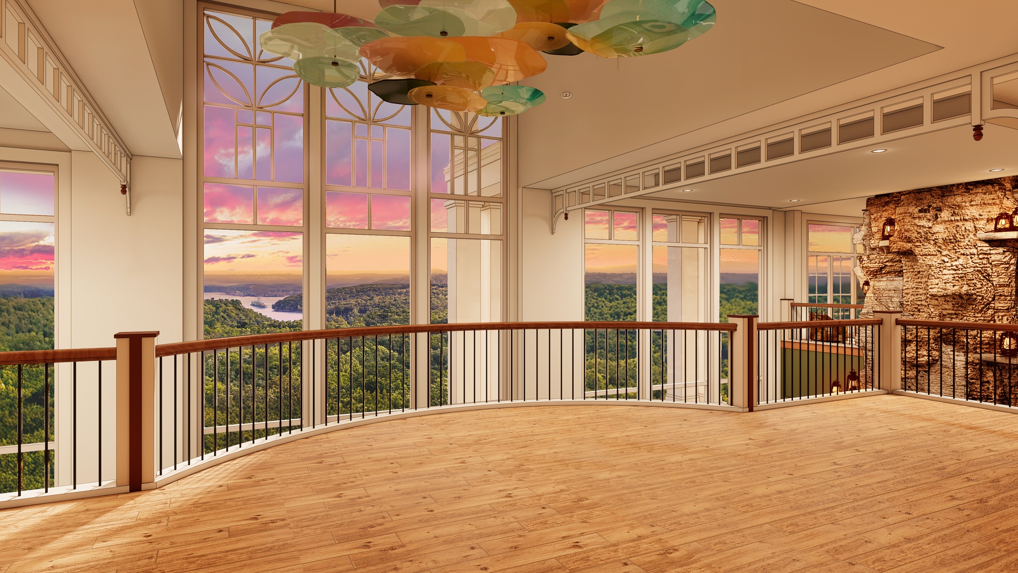 Official Silver Dollar City Resort overlook rendering with tall windows facing the Ozarks and Table Rock Lake