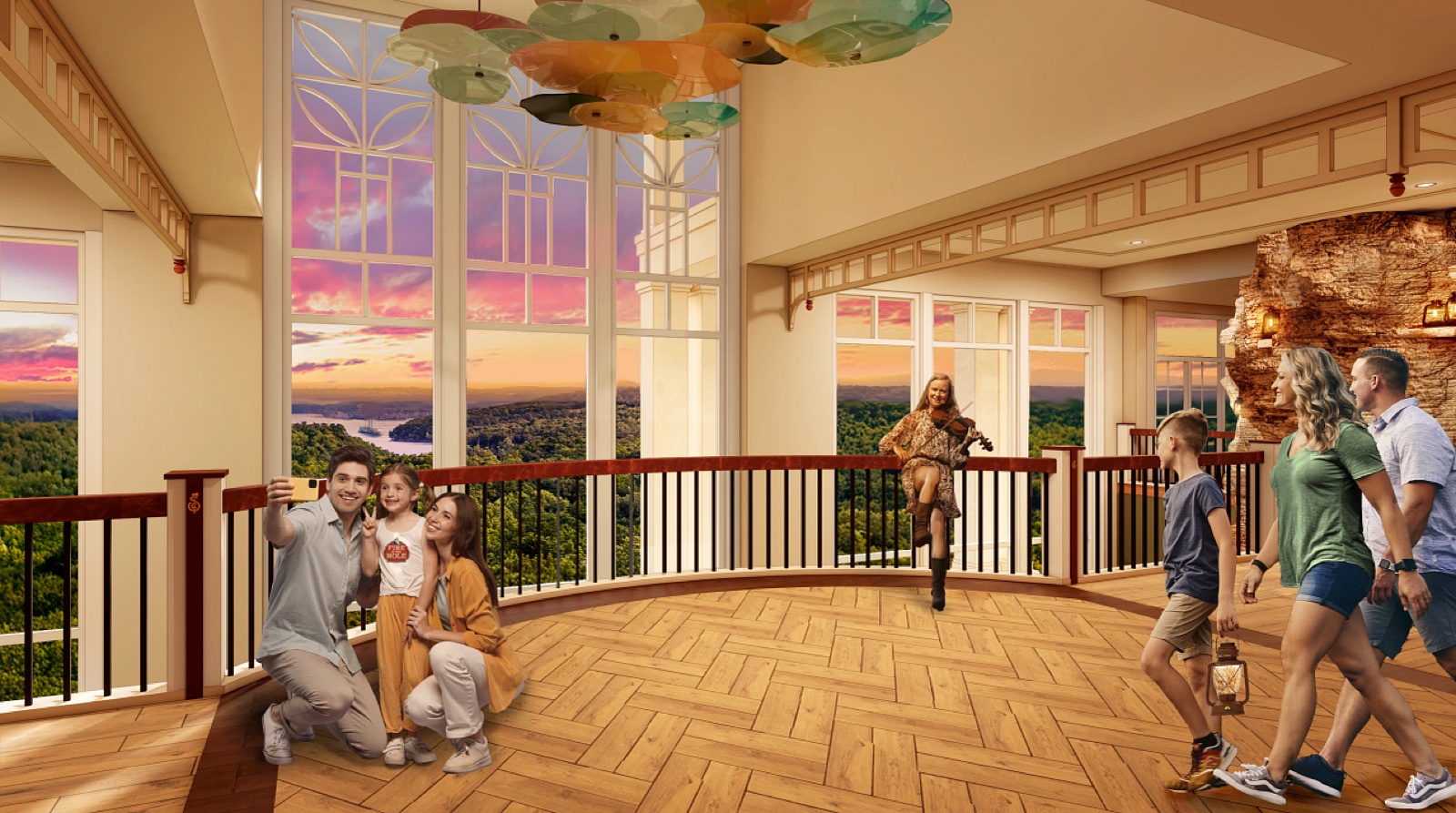 Rendering of the Silver Dollar City Resort overlook with floor-to-ceiling Ozark views
