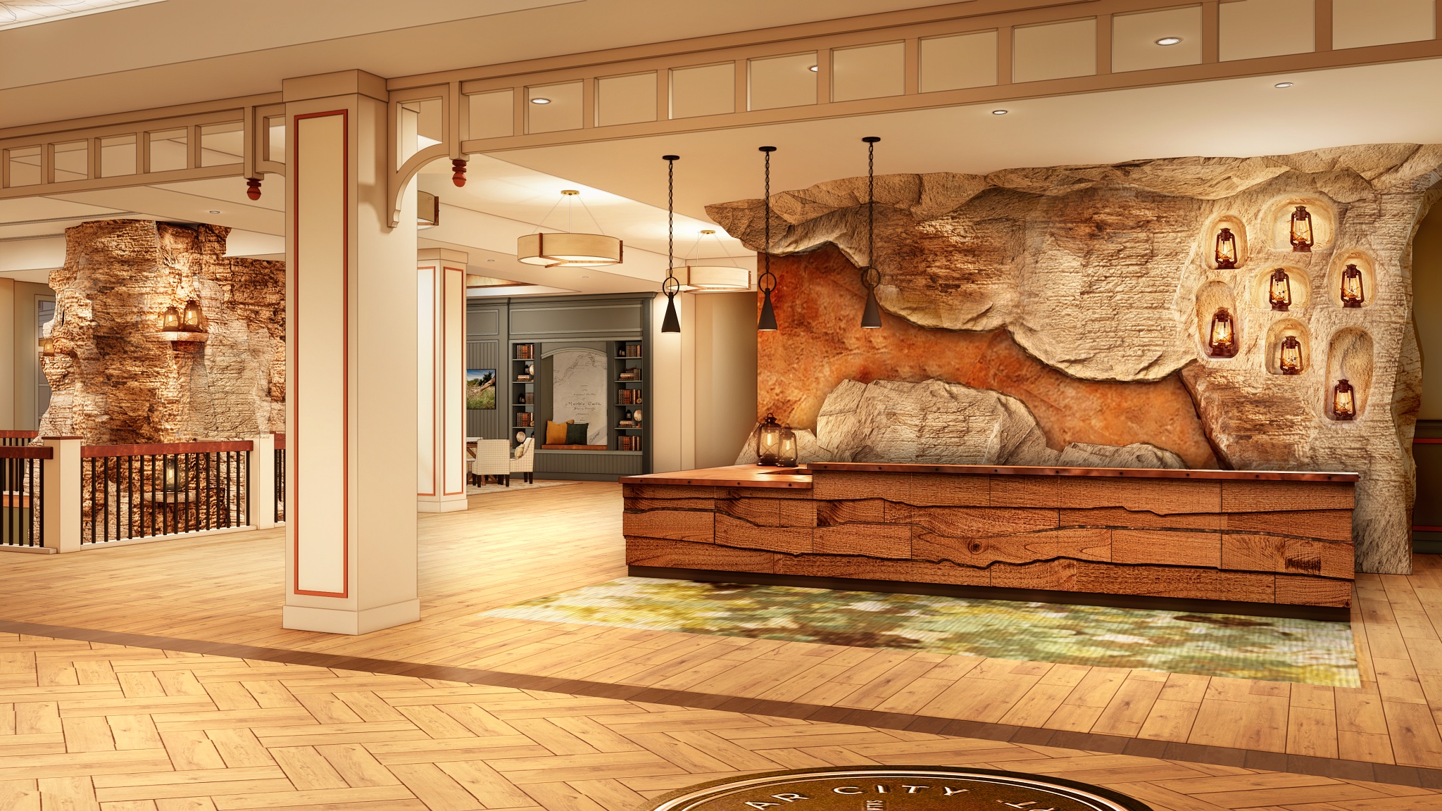 Official Silver Dollar City Resort reception rendering with a cave-inspired stone wall and wood desk