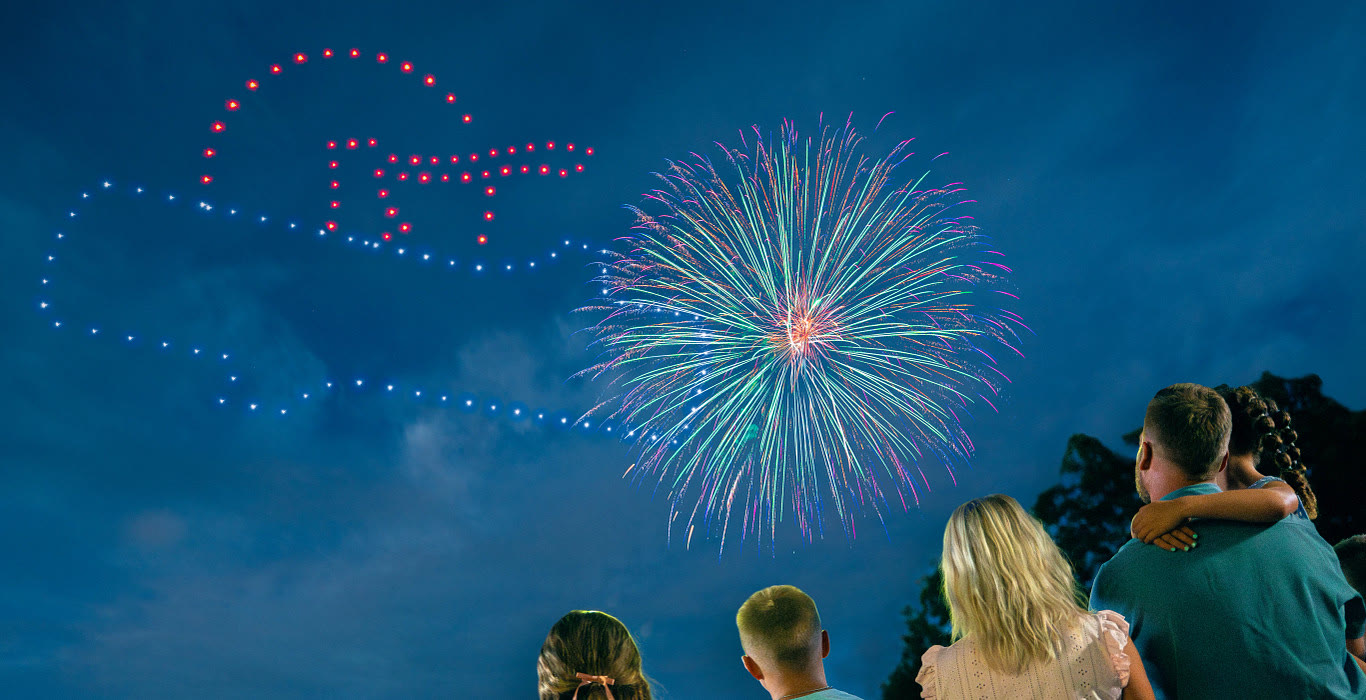 Guests watch the Night Sky Drone and Fireworks Spectacular at Silver Dollar City