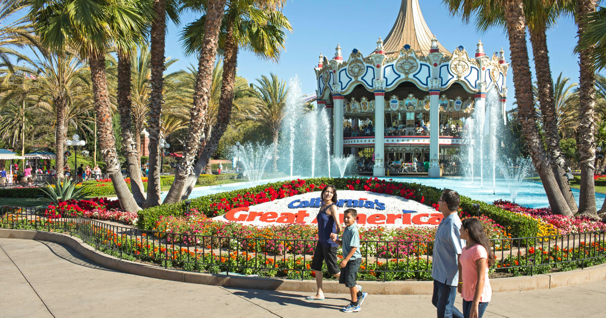 California’s Great America carousel and entrance garden on a sunny day