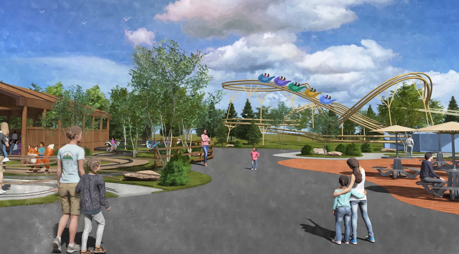 Trail Trotters and a family coaster in Camp Timber Trail concept art