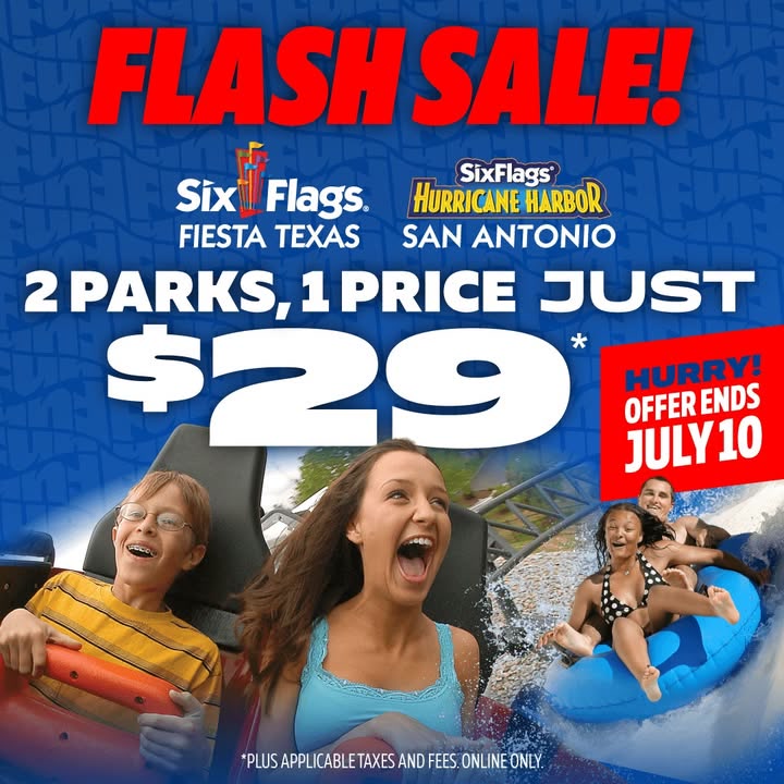 Six Flags Fiesta Texas and Hurricane Harbor San Antonio flash sale artwork for a $29 ticket