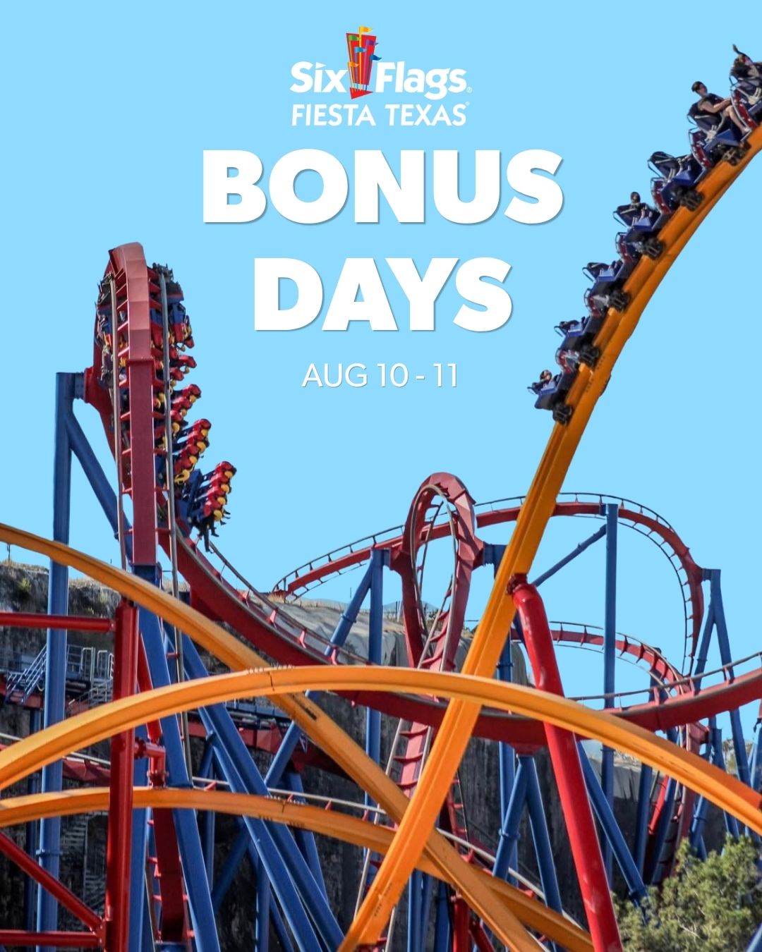 Six Flags Fiesta Texas Bonus Days artwork with roller coaster track