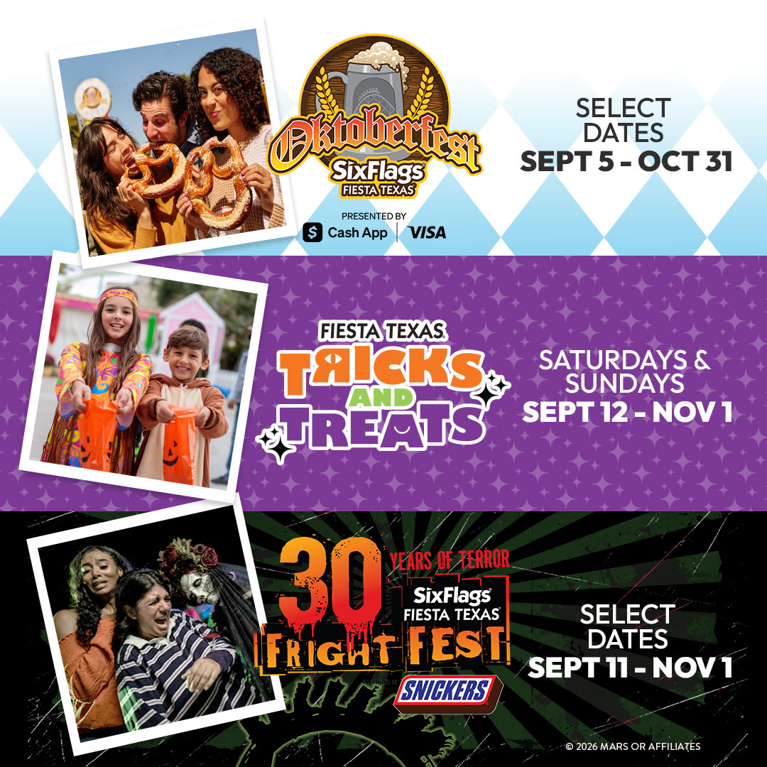 Six Flags Fiesta Texas fall event artwork for Oktoberfest, Tricks and Treats and Fright Fest