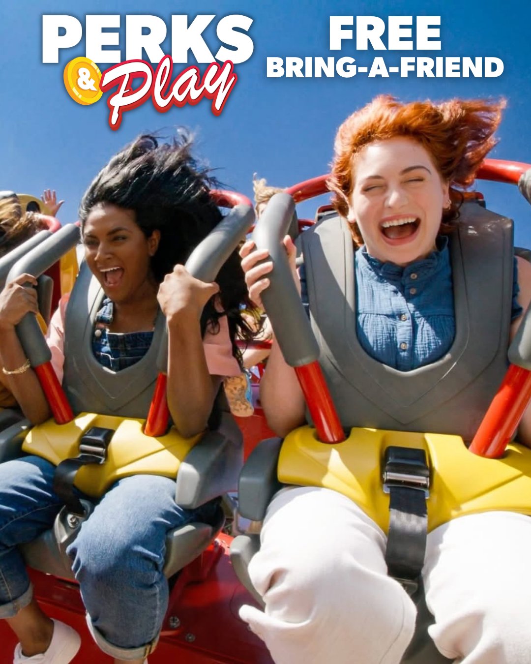 Six Flags Fiesta Texas Perks and Play free Bring-A-Friend artwork with guests on a roller coaster