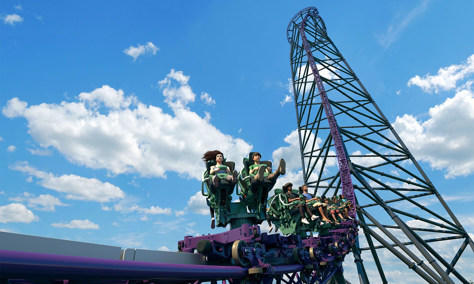Concept rendering of floorless back-to-back seats on a Bakunawa spinning coaster train