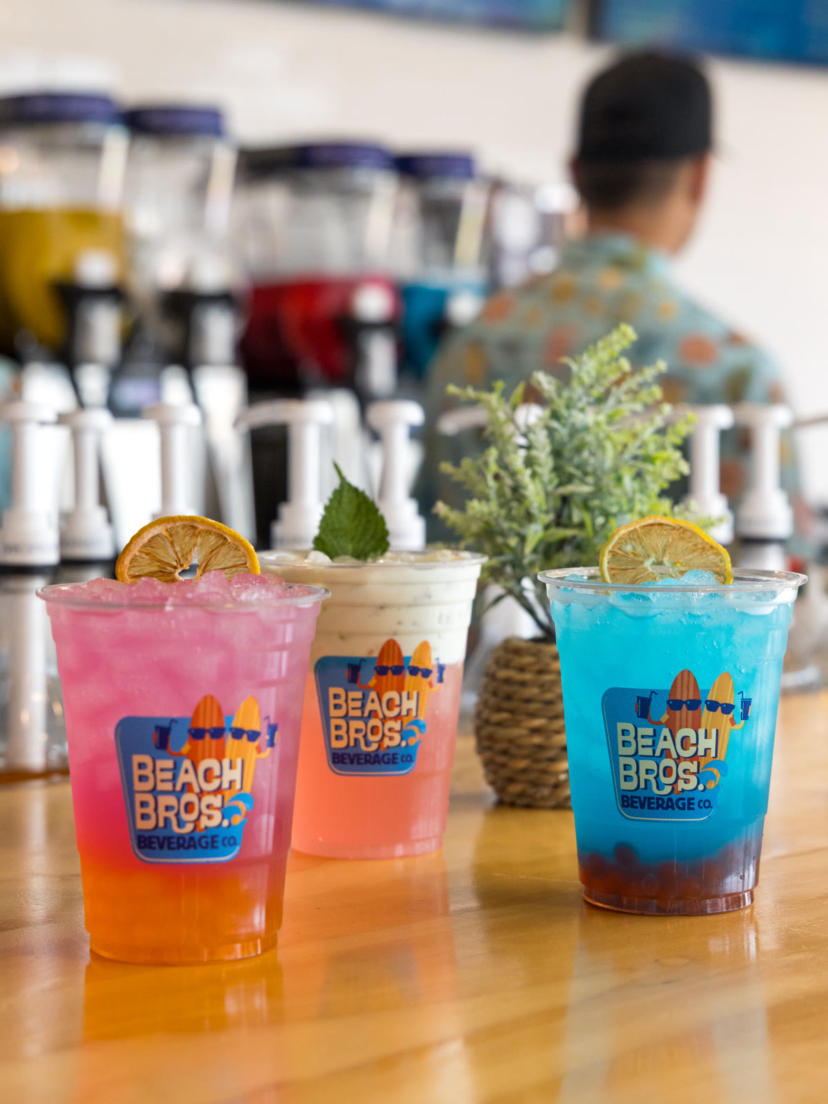 Pink, cream and blue drinks from Beach Bro's Beverage Company at Six Flags Great Adventure