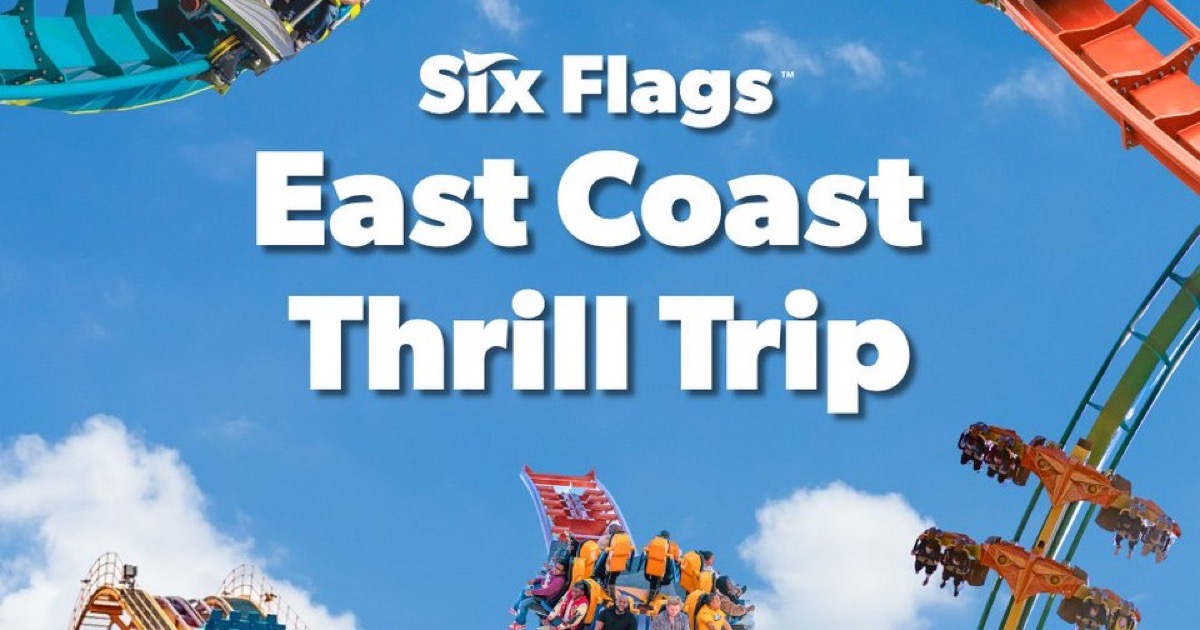 Six Flags Great Adventure Gold Membership sale artwork with riders and East Coast parks